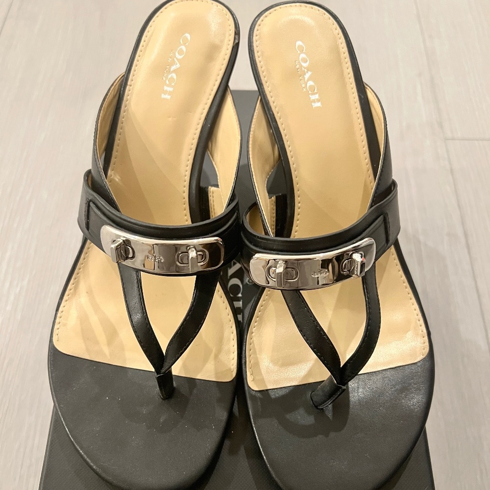 Coach Black Olina Semi Matte Leather Sandals, Size 9.5M